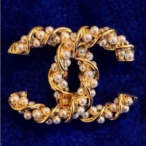 Elegant designer inspired gold and Pearl Brooch metal base stamped